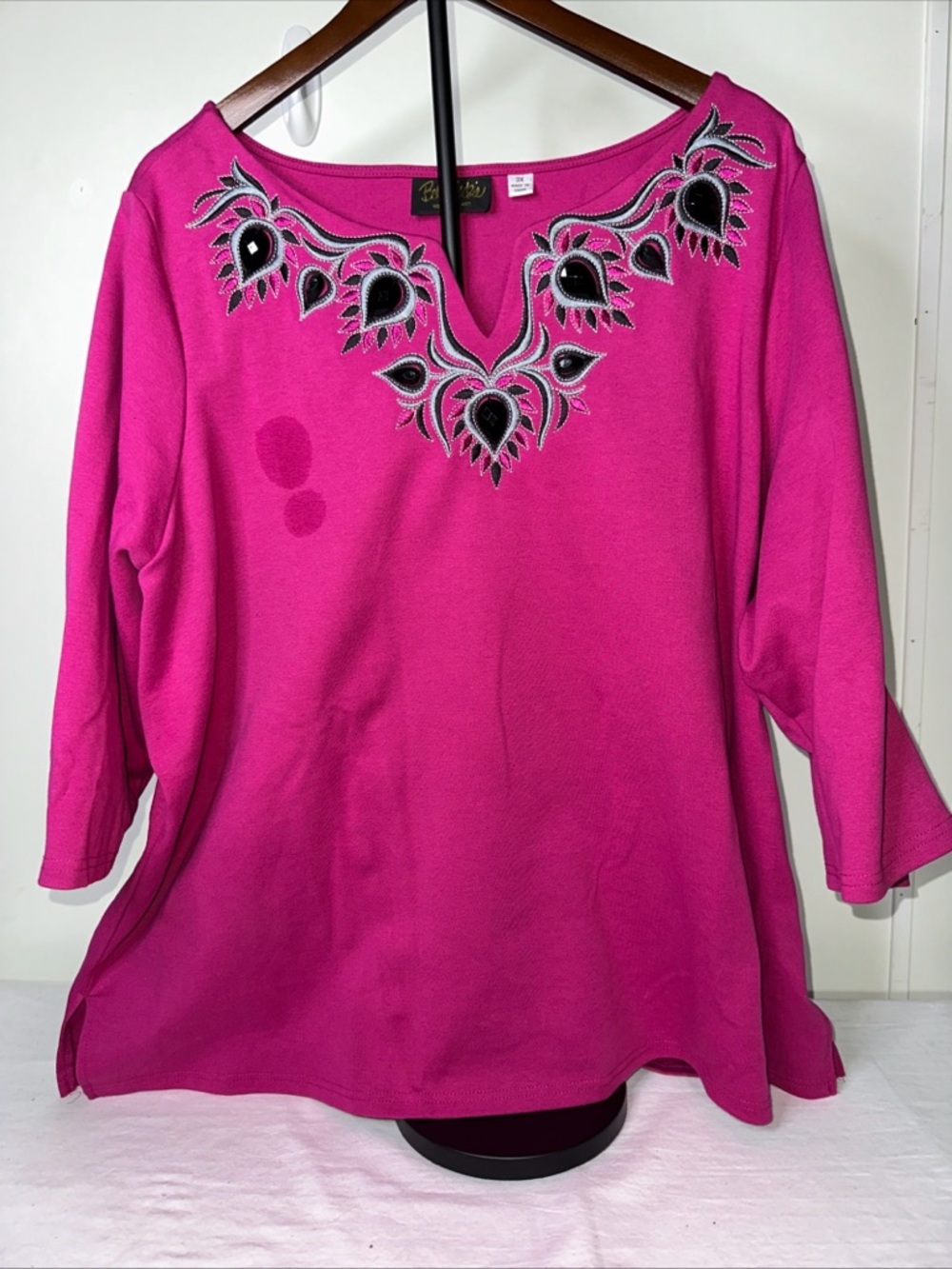 Bob Mackie Fuchsia Pink Embroidered V-Notch Tunic